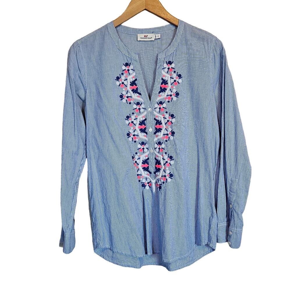 Vineyard Vines Embroidered Long Sleeve Popover Blouse‎ Women's 2 Preppy Boho